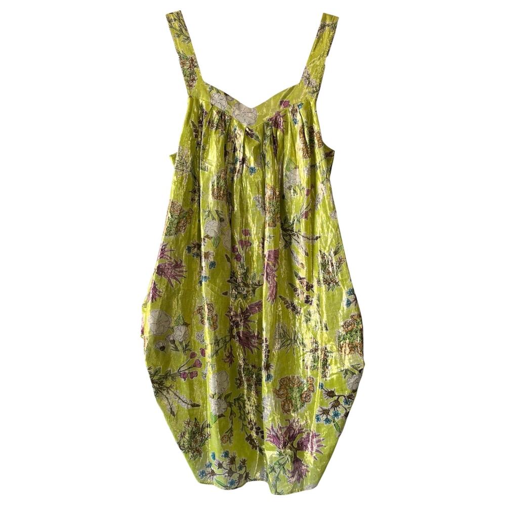 LaRok Floral Satin Silk Party Mini Tank Dress Women’s Medium Metallic Lime Green